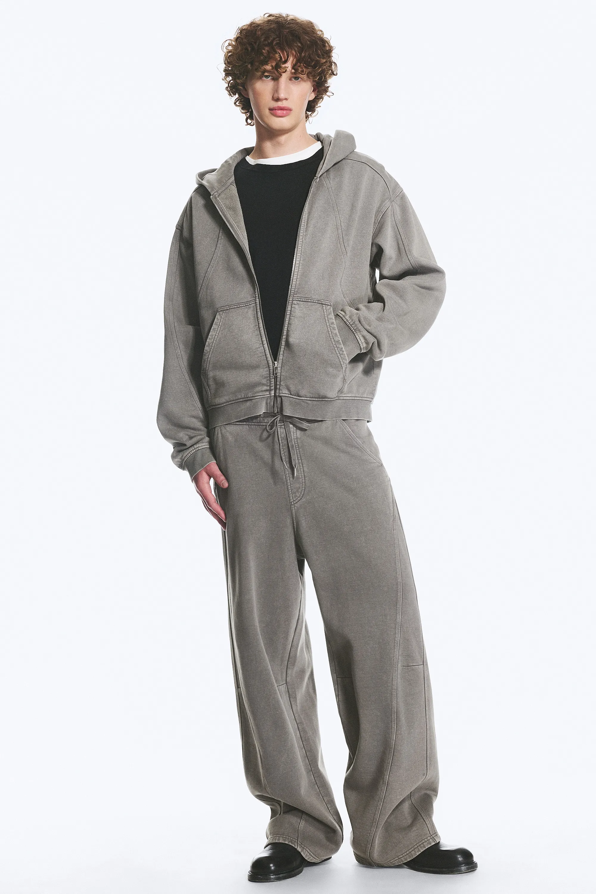 Sweat à capuche zippé carré - Gris délavé
