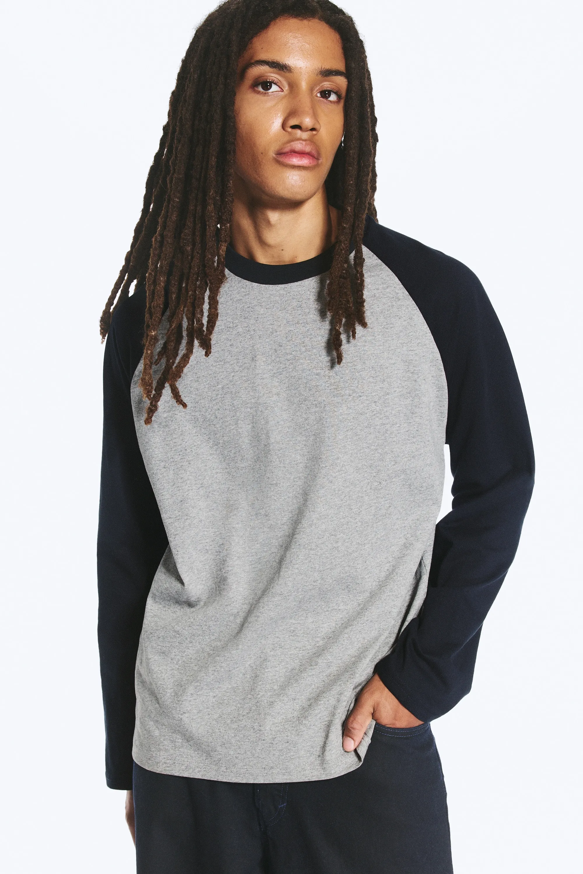 T-shirt ample boxy à manches raglan - Gris clair chiné et bleu marine