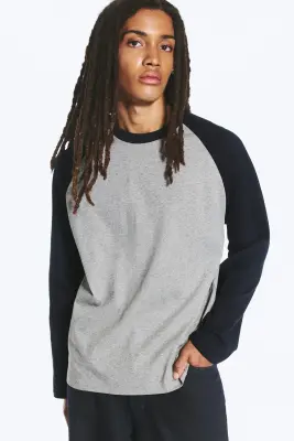 T-shirt ample boxy à manches raglan - Gris clair chiné et bleu marine — photo 1