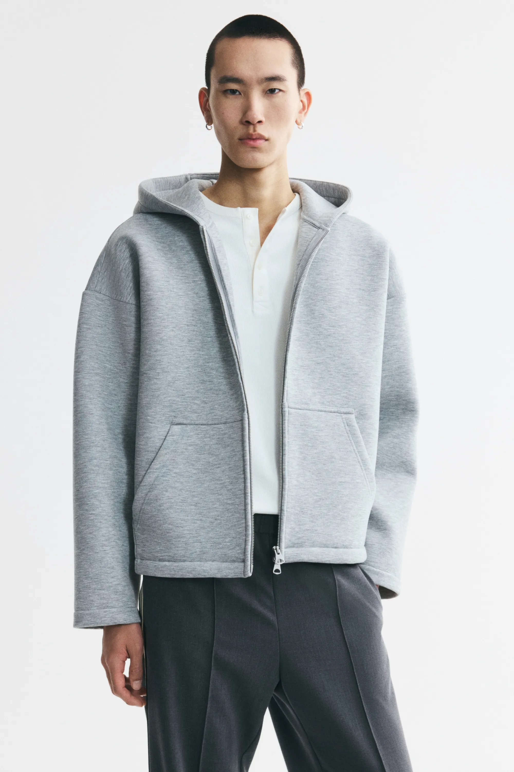 Veste à capuche zippée Oversized Fit en scuba - Gris clair chiné