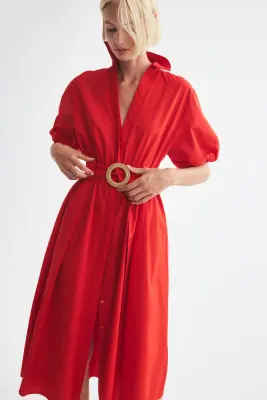 Robe chemise en coton avec ceinture - Rouge — photo 2