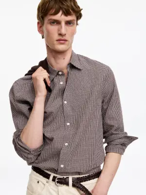 Chemise classique en coton et lin - Marron/Carreaux — photo 3