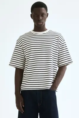 T-shirt en coton interlock Relaxed Fit - Crème/rayures noires — photo 2