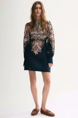 Robe avec ceinture à nouer - Bleu foncé/motif cachemire — photo 2