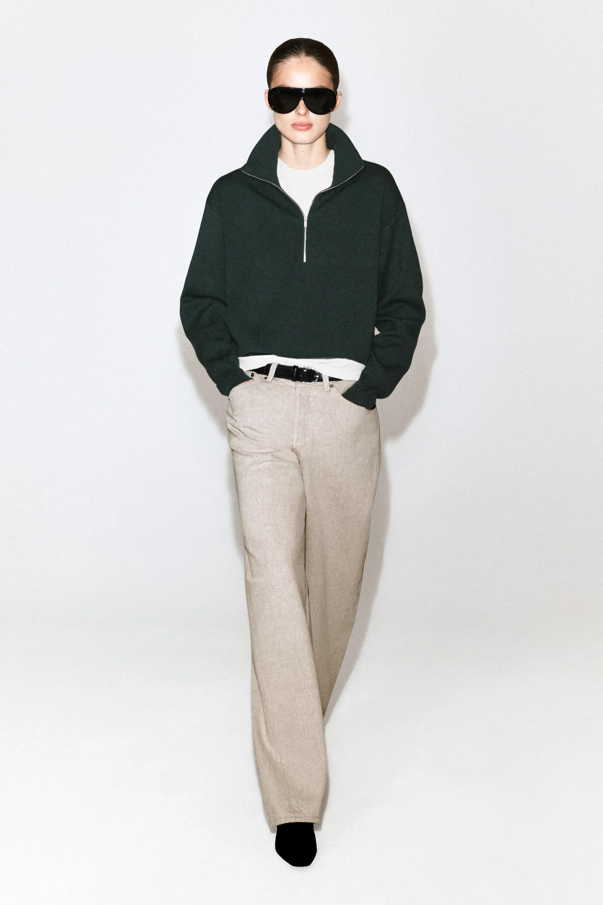 PULL EN MAILLE À COL CHEMINÉE DEMI-ZIPPÉ - VERT FONCÉ