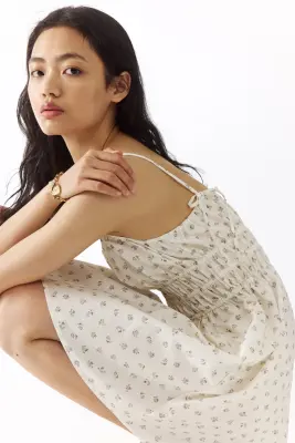 Robe en coton avec bretelles à nouer - Crème/fleuri — photo 2