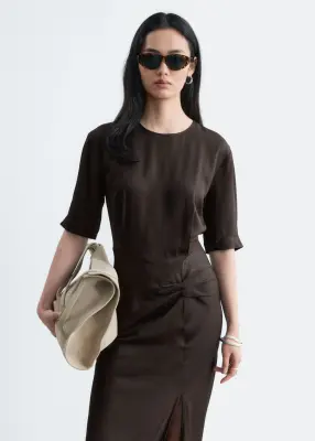 Robe midi à détails plissés - Marron foncé — photo 2