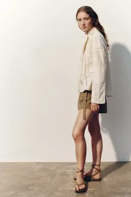 Veste avec broderie anglaise avec col cravate - Crème — photo 2