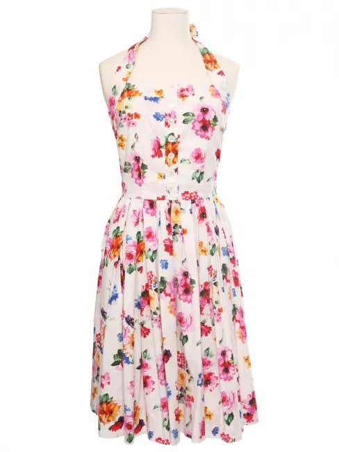 Robe courte cintrée évasée en coton imprimé fleuri multicolor Prix boutique 1850€ Taille 34