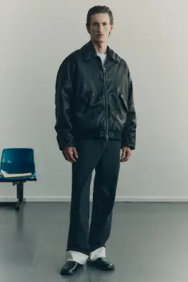 Veste aviateur Loose Fit en cuir - Noir — photo 1