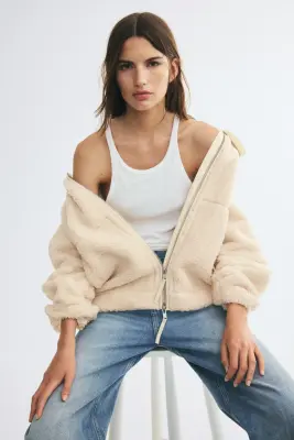 Veste oversize en tissu Teddy bear - Beige clair — photo 1