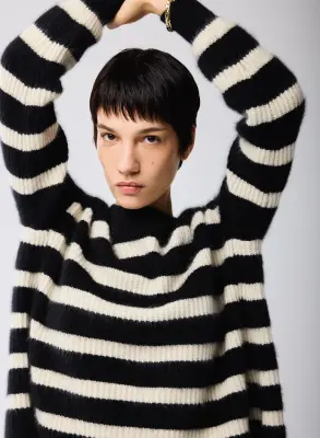 Pull Marinière Noir / Beige Col Rond Manches Longues en Laine / Fox / Polyamide — photo 2