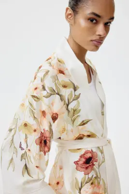 Veste oversize avec ceinture à nouer - Crème/fleuri — photo 2