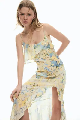 Robe volantée en mousseline avec écharpe - Jaune clair/fleuri — photo 2