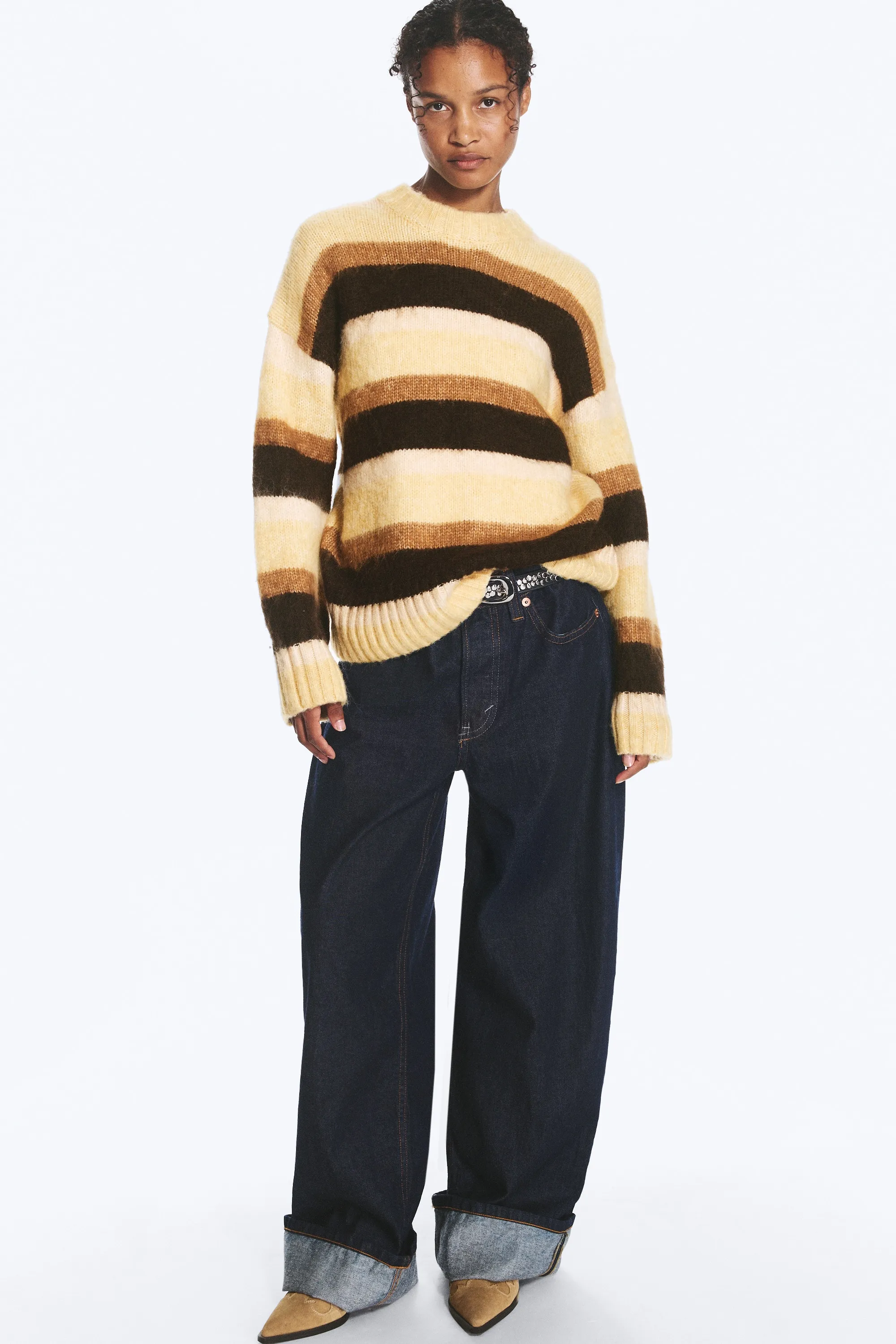 Pull en maille duveteuse coupe décontractée - Rayures jaune fané & marron