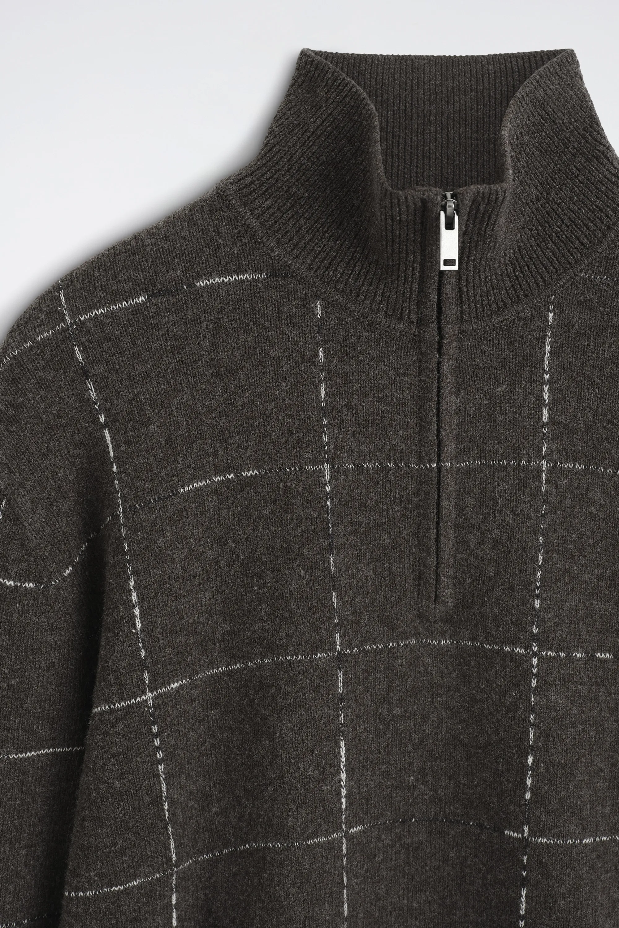 PULL À CARREAUX EN MAILLE DE LAINE ET COTON - BRUN / CARREAUX