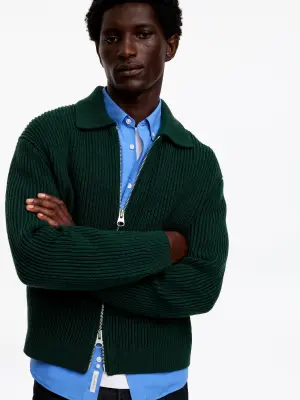 Cardigan zippé en laine et coton - Vert foncé — photo 3