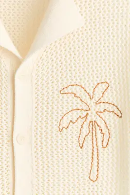 Chemise à col cubain Relaxed Fit en maille ajourée - Crème/palmier — photo 5