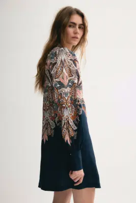Robe avec ceinture à nouer - Bleu foncé/motif cachemire — photo 3