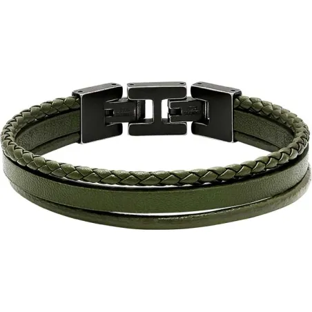 ROCHET - Bracelet STANFORD cuir kaki fermoir Acier vintage 21cm HB7645