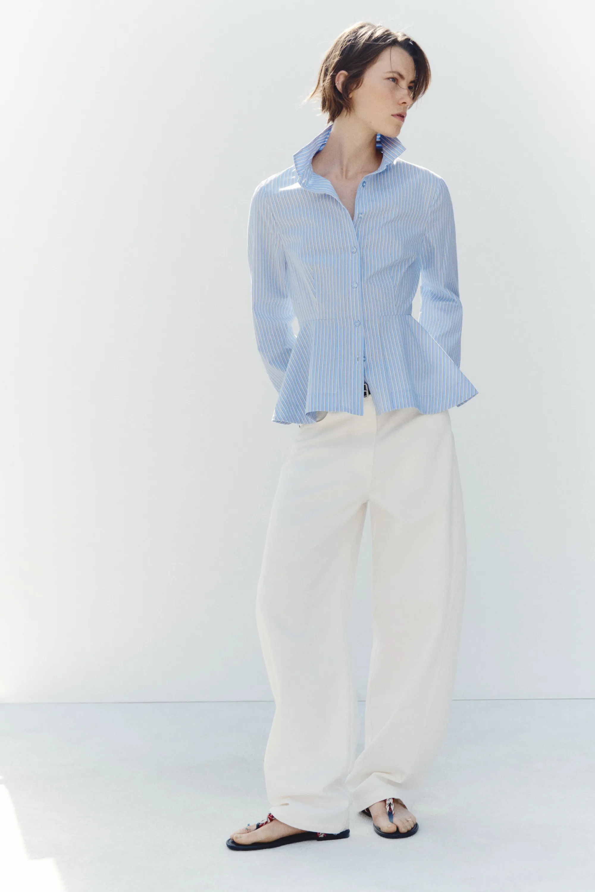 Chemise péplum en coton - Bleu clair/rayures tennis