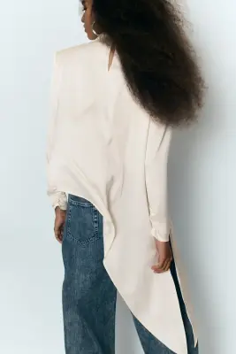 Blouse en satin avec détail à nouer - Crème — photo 4