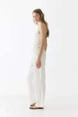 Pantalon en lin mélangé avec cordon de serrage - Ivoire — photo 3