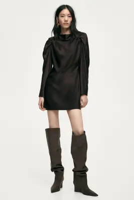 Robe à manches bouffantes en satin - Marron foncé — photo 2