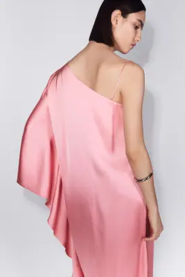 Robe caftan asymétrique en satin - Rose — photo 3