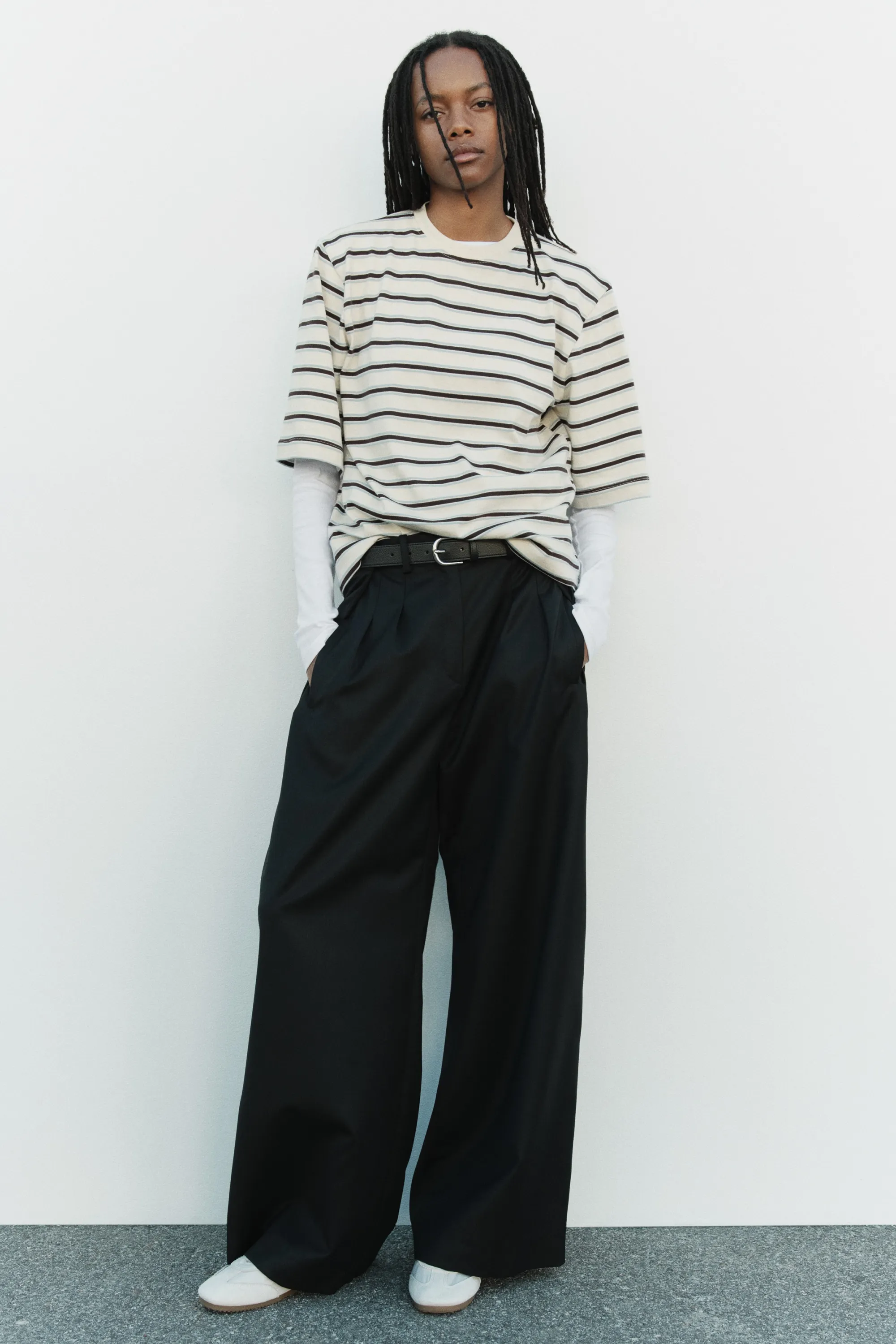 T-shirt oversize en maille fine - Crème/rayé