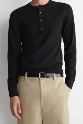 TOP HENLEY SLIM EN LAINE MÉRINOS - NOIR — photo 3