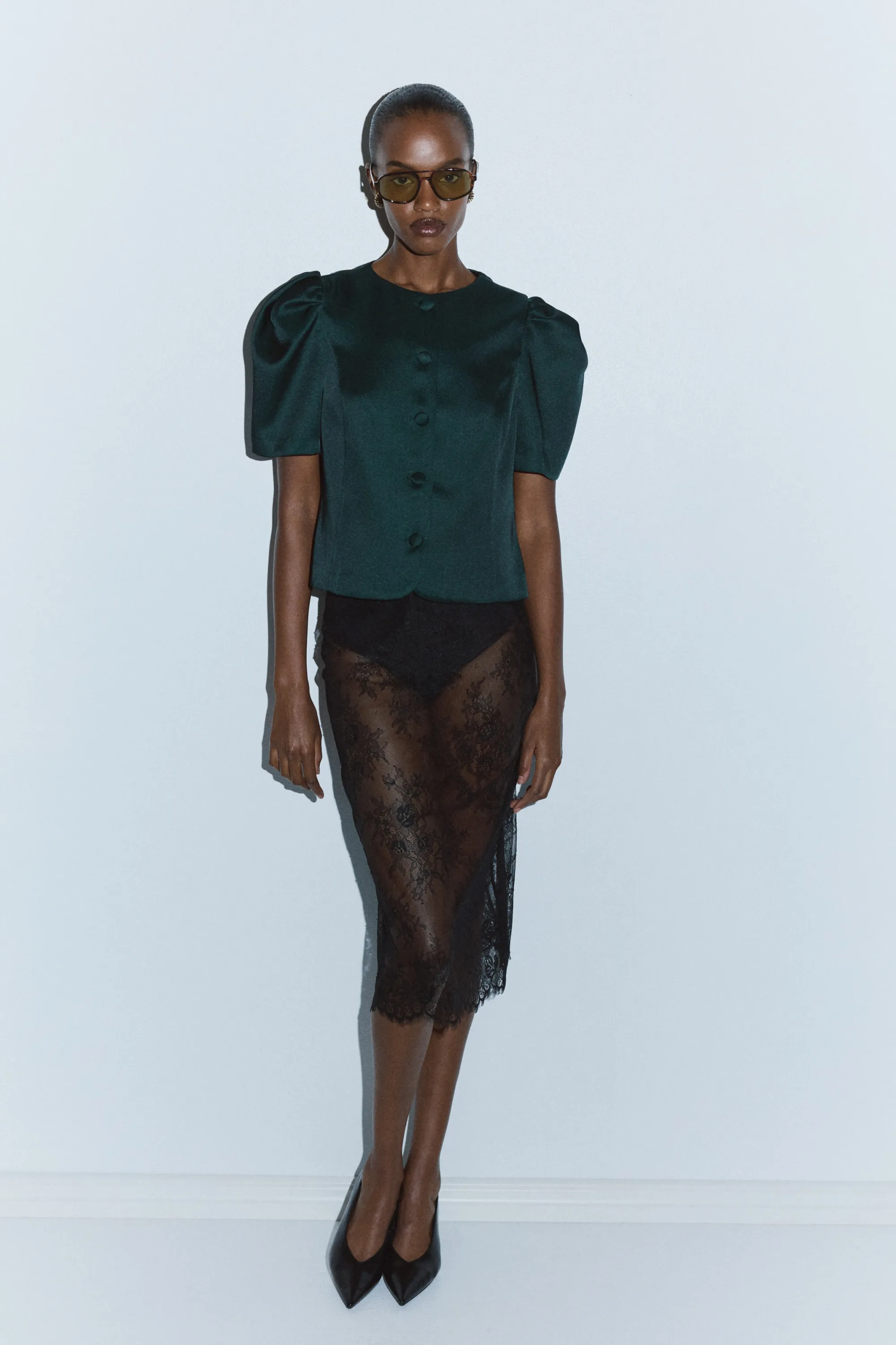 Blouse à manches bouffantes - Vert foncé