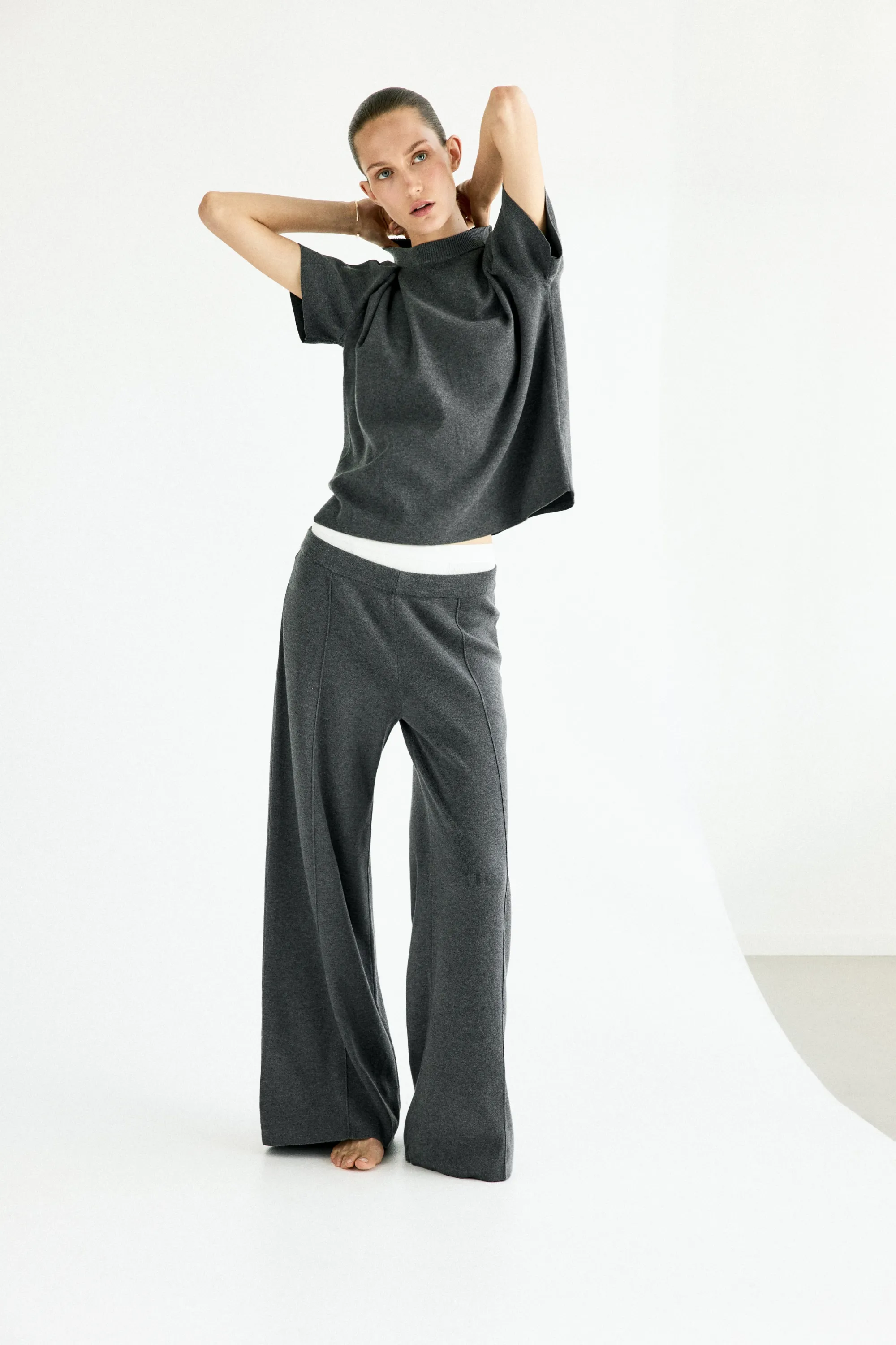 Pantalon large en maille fine - Gris foncé chiné