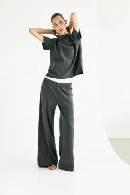 Pantalon large en maille fine - Gris foncé chiné — photo 1