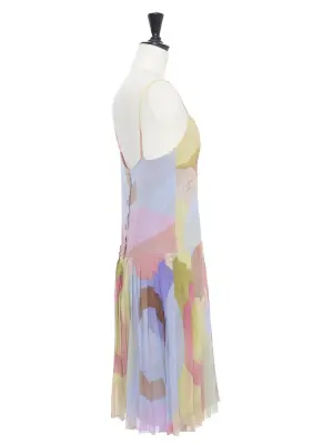 Robe à fines bretelles soie plissée imprimé violet anis et rose  Prix boutique 3000€ Taille XS — photo 4
