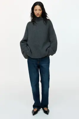 Pull en maille côtelée de laine mélangée - Gris foncé — photo 2