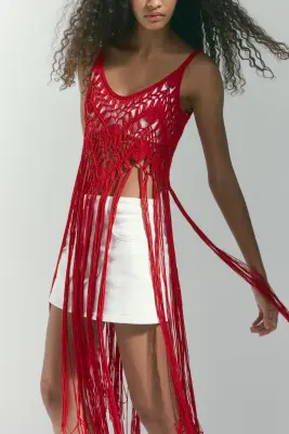 Top frangé en maille ajourée - Rouge — photo 3