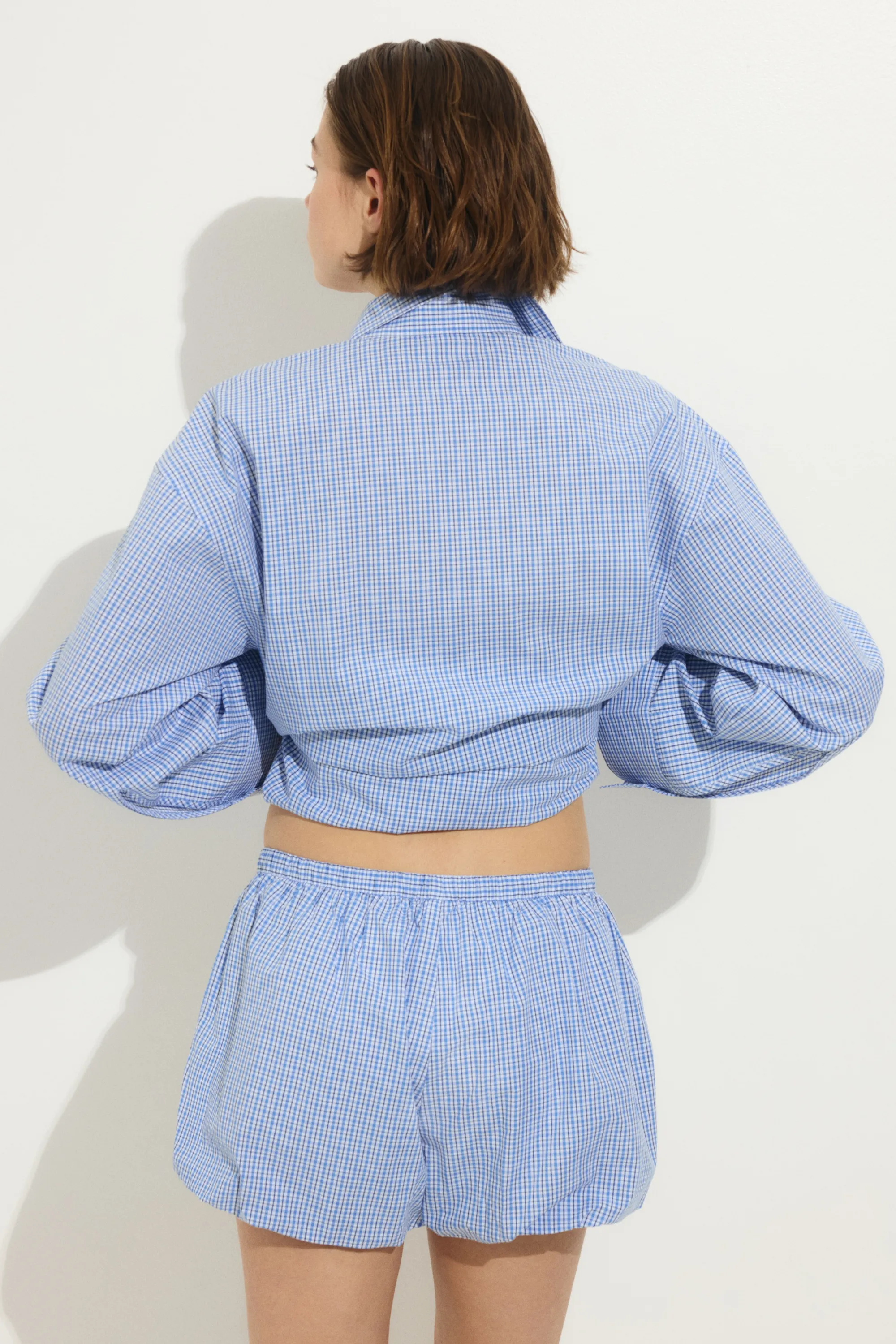 Short de plage en coton avec jambes ballon - Bleu clair/carreaux