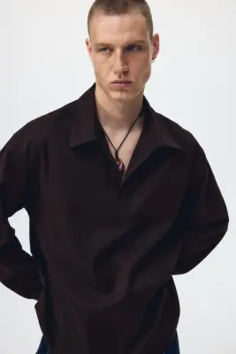 Chemise popover Relaxed Fit - Marron foncé — photo 2