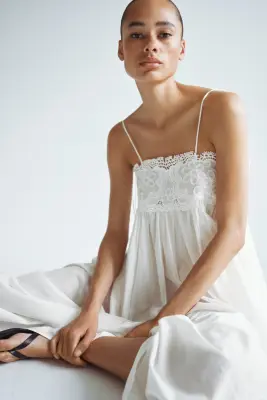 Robe avec détails brodés et bretelles à nouer - Crème — photo 1