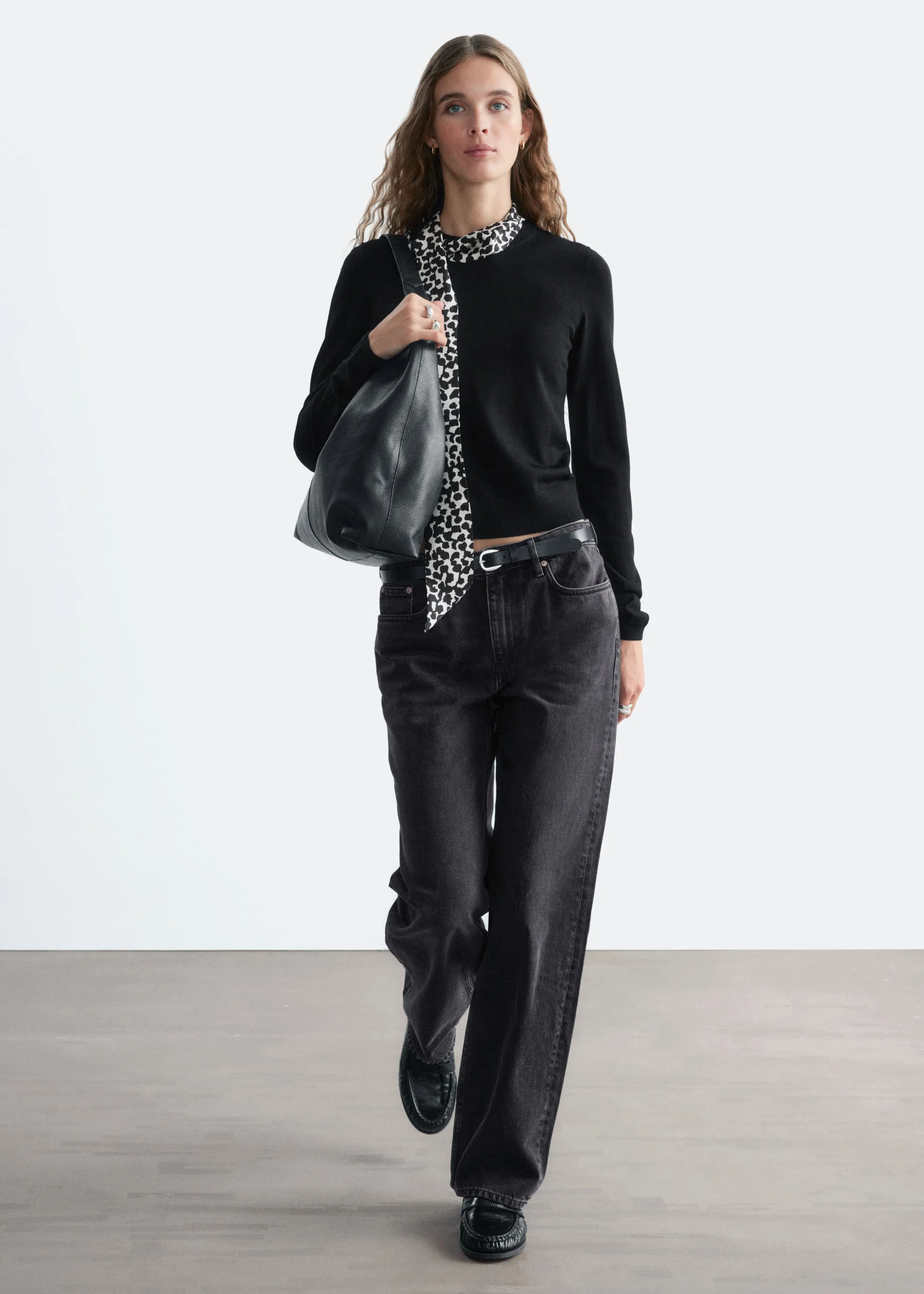 Pull en laine à col en soie - Noir/Imprimé léopard