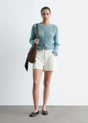 Cardigan en maille ajourée de coton - Turquoise — photo 1