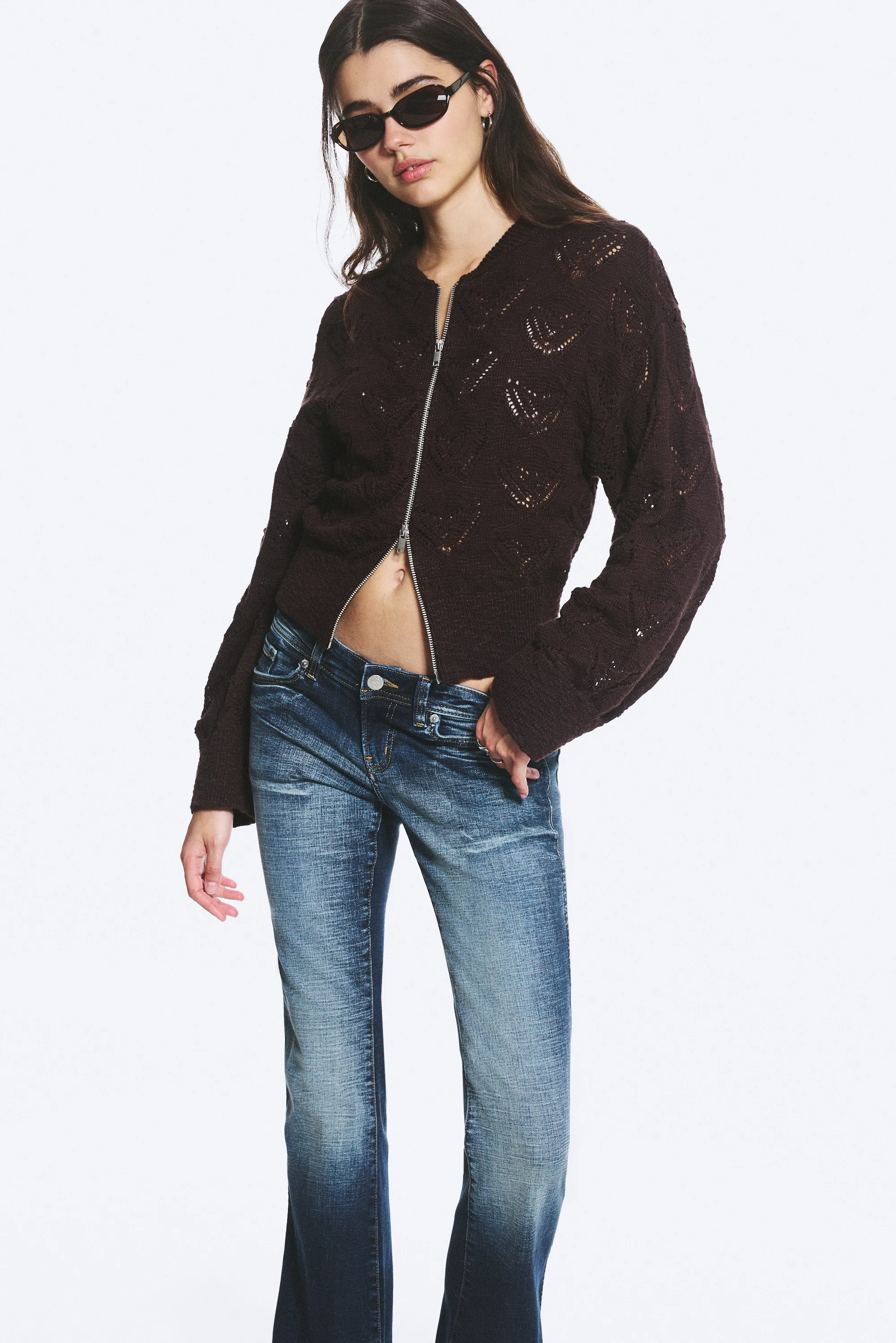 Cardigan zippé en maille - Marron foncé