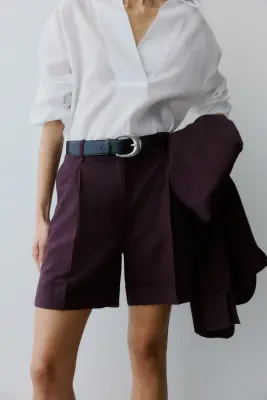 Short chic en lin mélangé - Violet prune foncé — photo 1