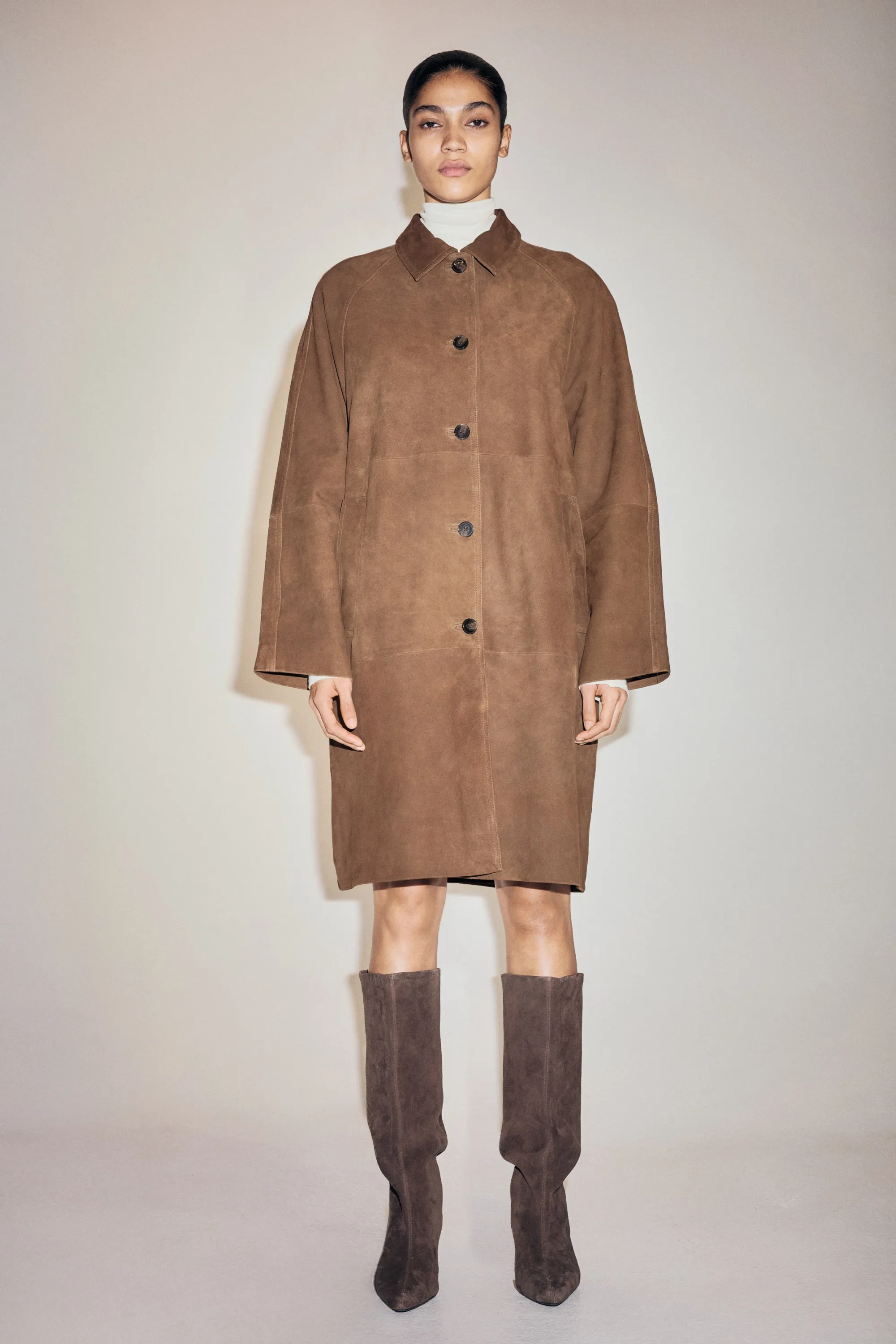 Manteau 3/4 en cuir velours - Marron foncé