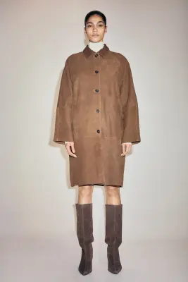 Manteau 3/4 en cuir velours - Marron foncé — photo 1