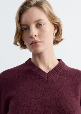 Pull à col en V côtelé - Rouge foncé — photo 3