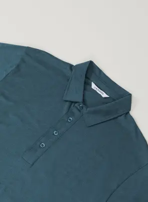 Pleated Tab Short Sleeve Poloshirt in Petrol Blue Eucalyptus & Cotton — photo 2