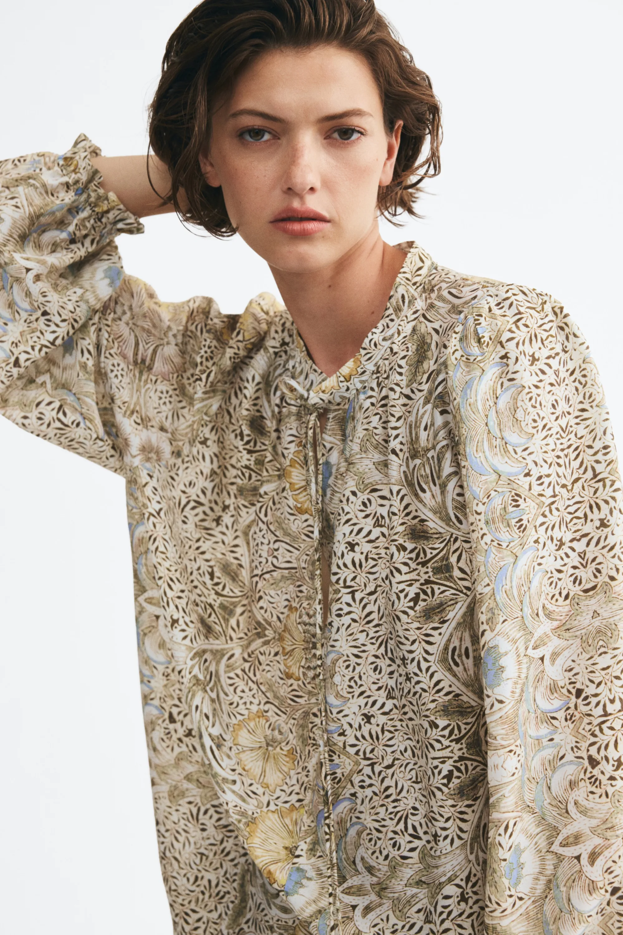 Blouse avec détail à nouer - Beige clair/motif