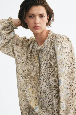 Blouse avec détail à nouer - Beige clair/motif — photo 1